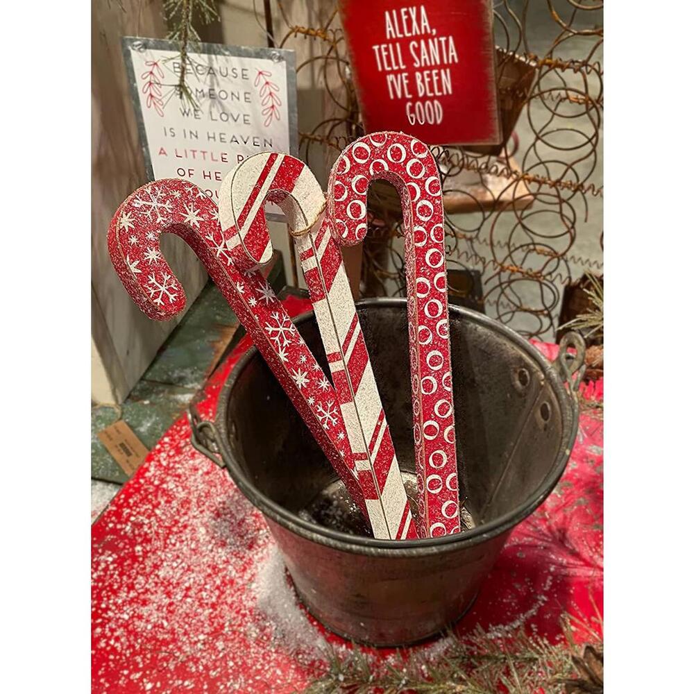 Wood Candy Canes - Red and White - Set of 3, Red, White, Grey, Silver